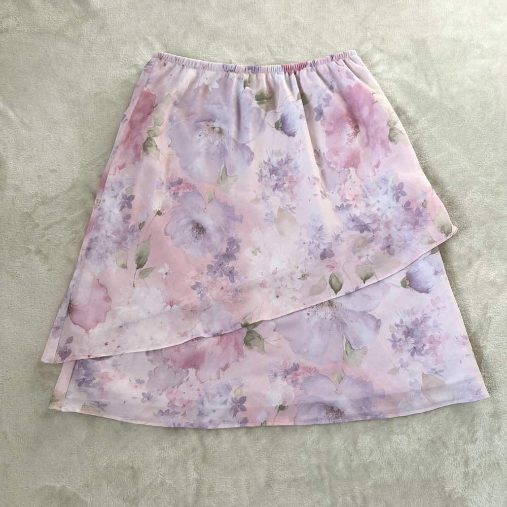 Coldwater Creek Pastel Floral Two Layer Knee Length Skirt Elastic Waist Sz 14P
